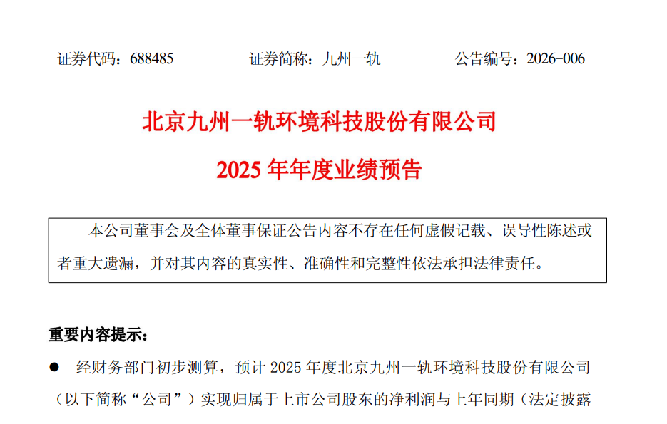 九州一軌預(yù)計2025年度實現(xiàn)歸母凈利潤-1,800萬元至-1,200 萬元！